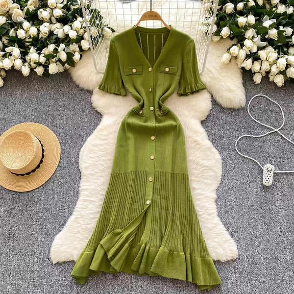French Style V-neck Knit Shirt Dress