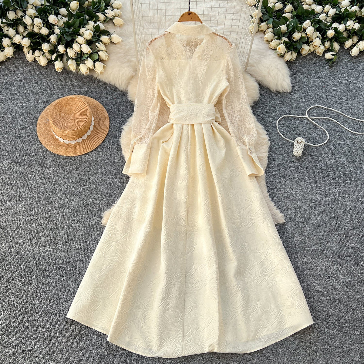 Vintage Polo Collar Embroidered Shirt Dress