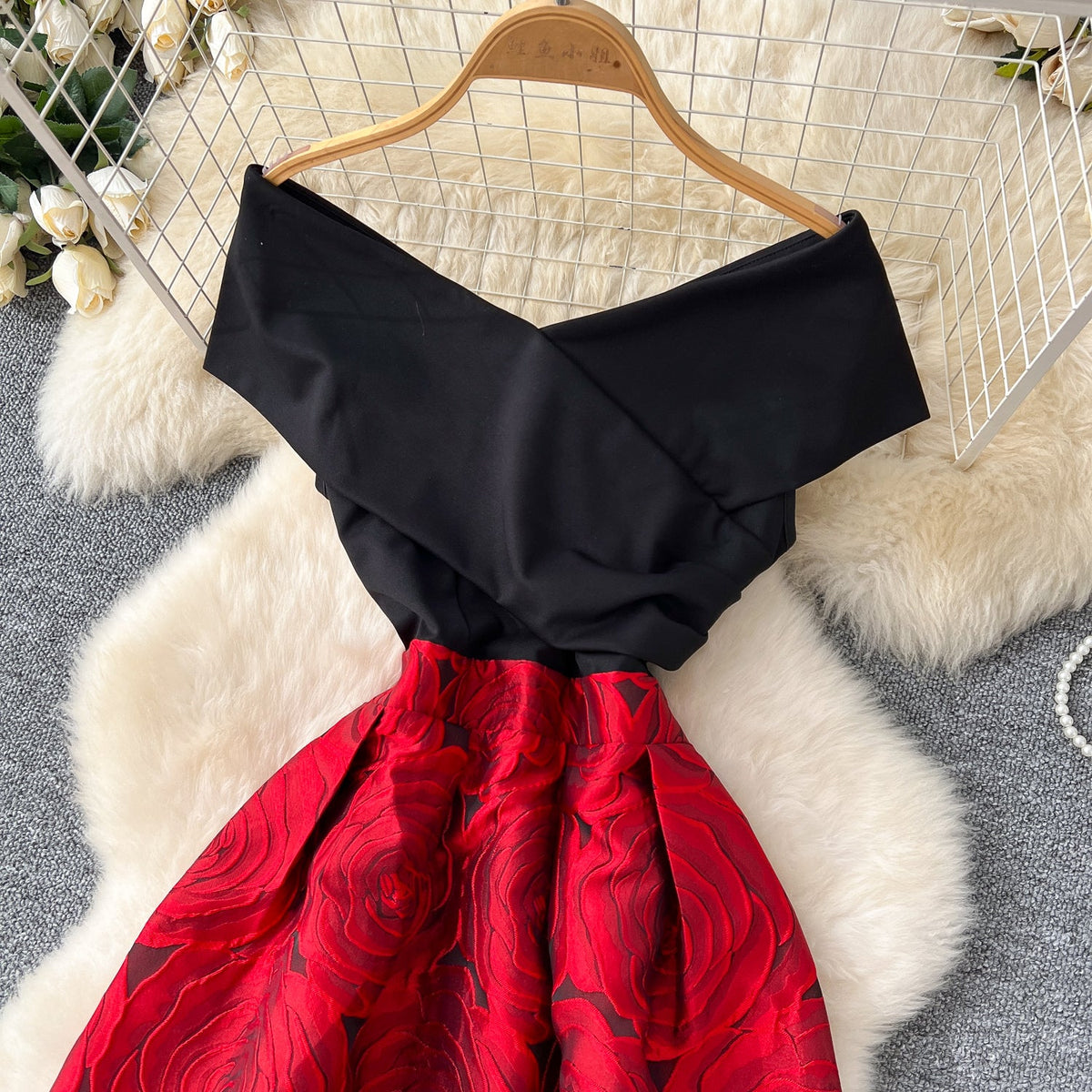 Off-shoulder Jacquard Patchwork Dress