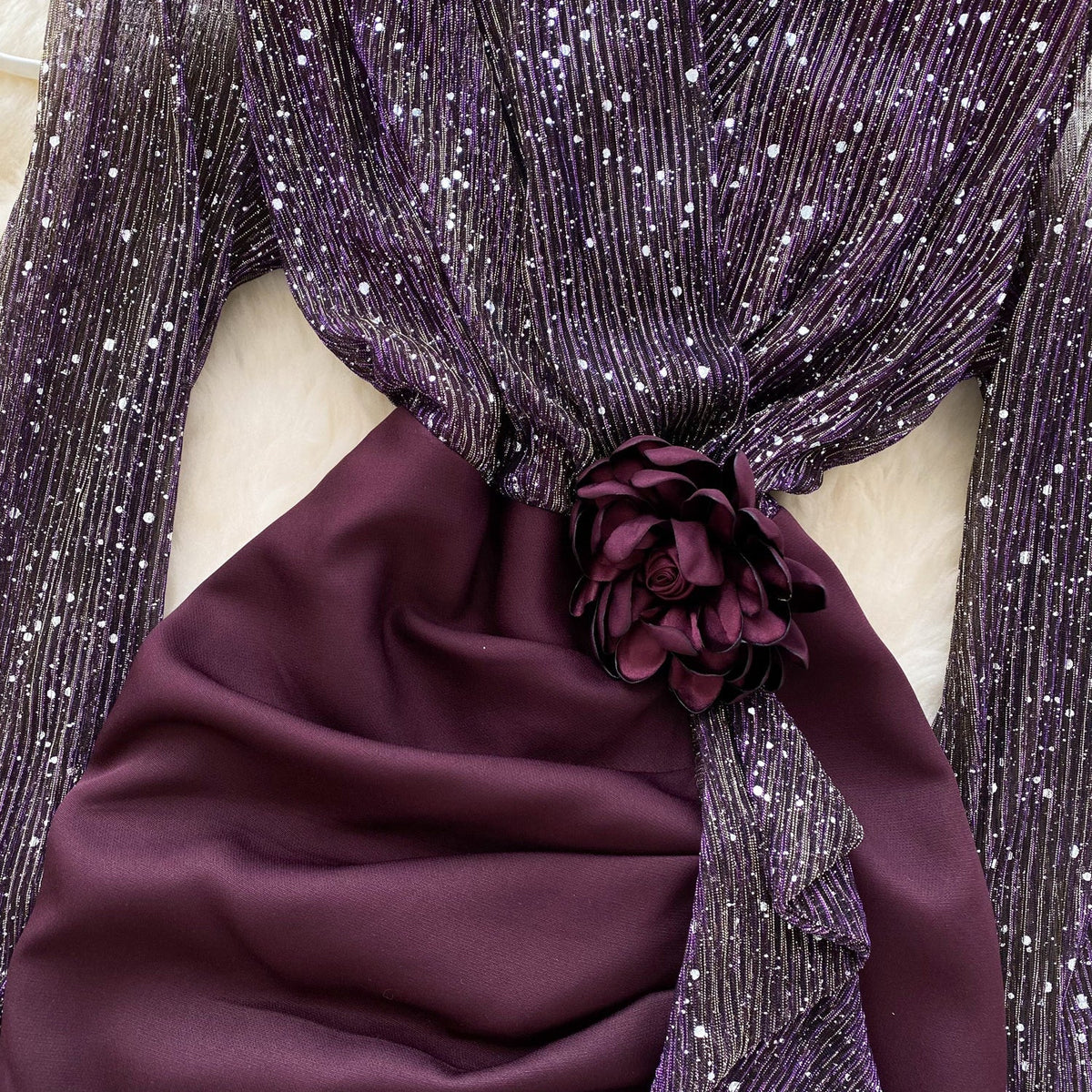 Sequined Mesh Patchwork Satin Dress