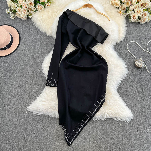 Slant Neckline Asymmetric Black Dress