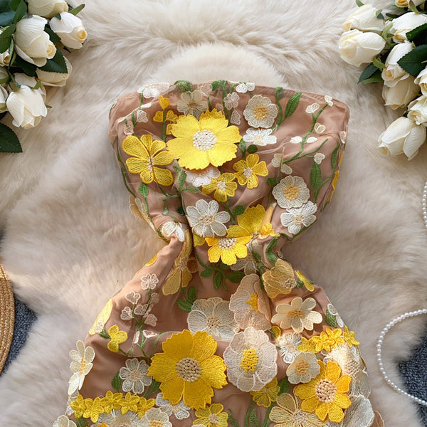3D Yellow Flower Off-shoulder Dress