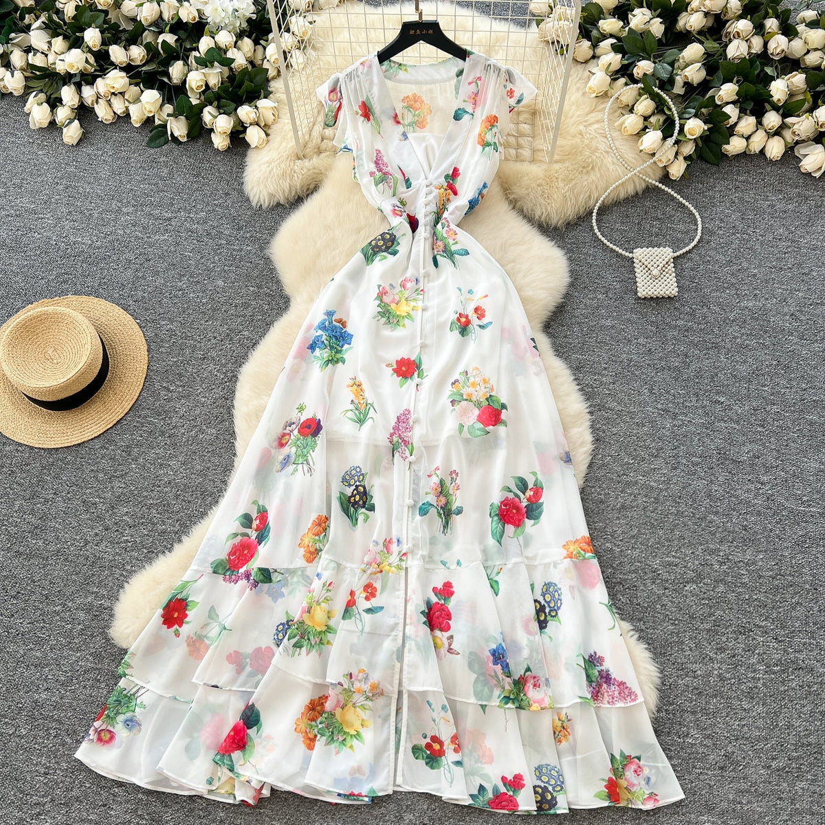 Deep V-neck Floral Chiffon Dress