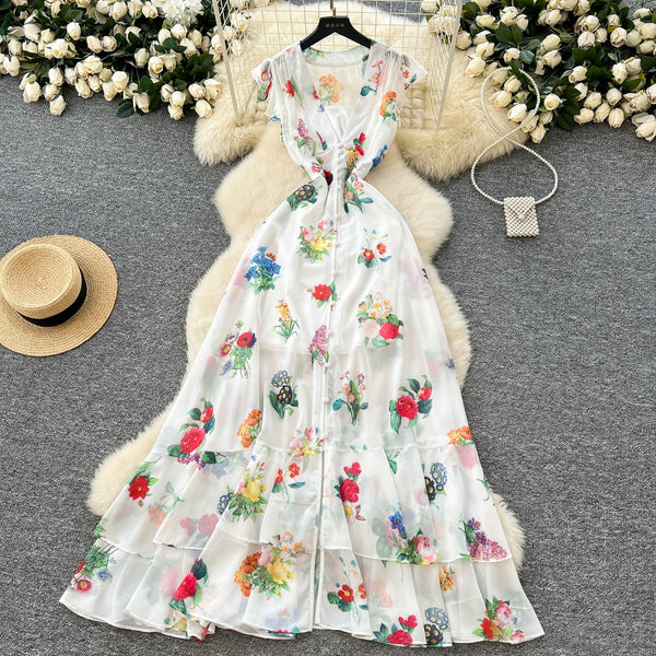Deep V-neck Floral Chiffon Dress