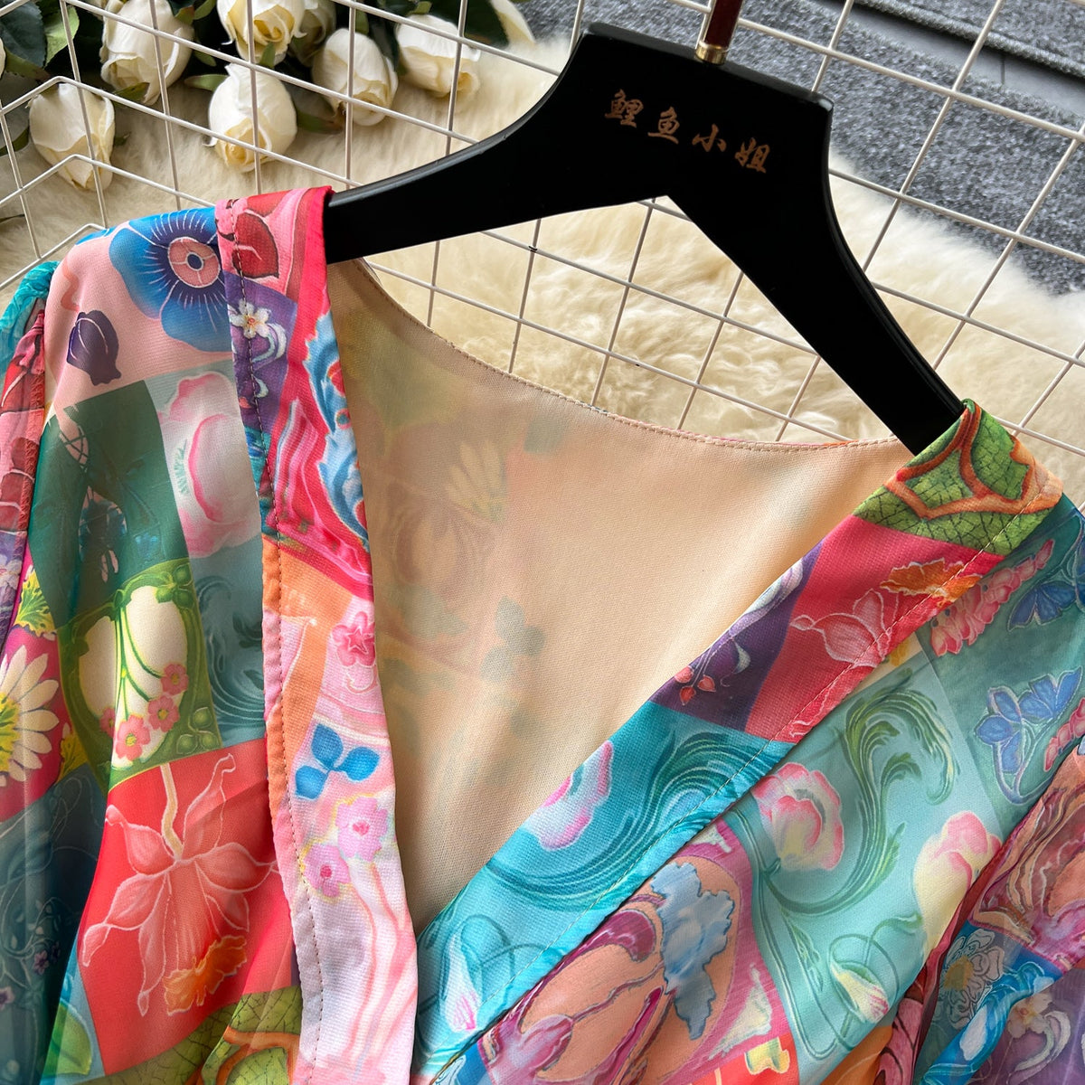 V-neck Colorful Printed Chiffon Dress