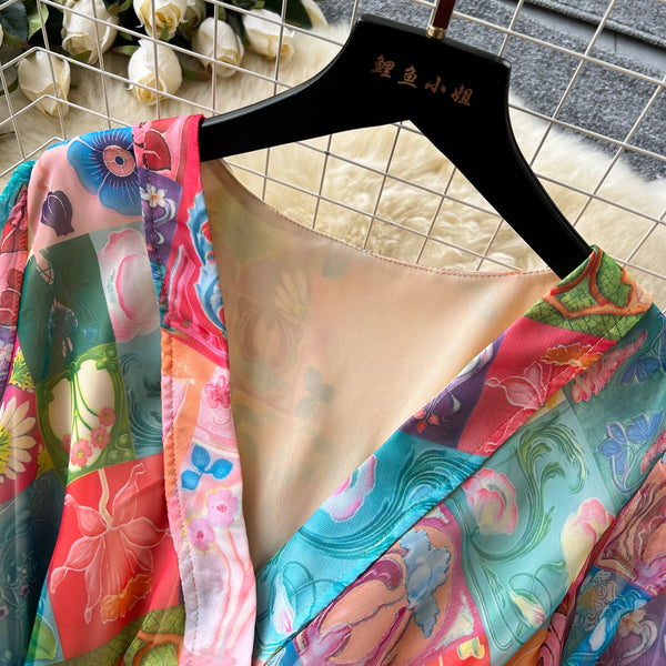 V-neck Colorful Printed Chiffon Dress