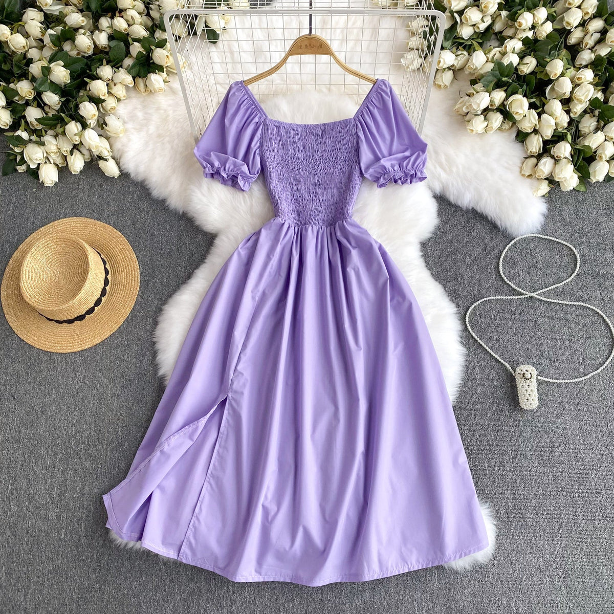 Mori Solid Color Waist-slimming Puffy Dress