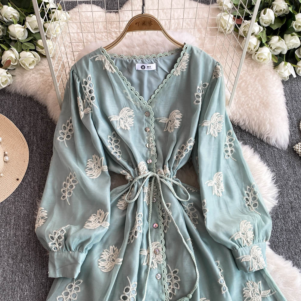 Elegant V-neck Hollowed Embroidery Dress