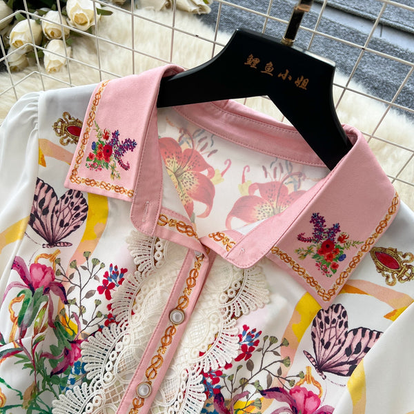 Lace Patchwork Floral Pleated Dress