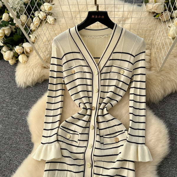Vintage Striped Elastic Knit Dress