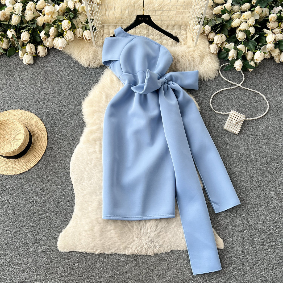 Slant Neckline Large Bow Dress