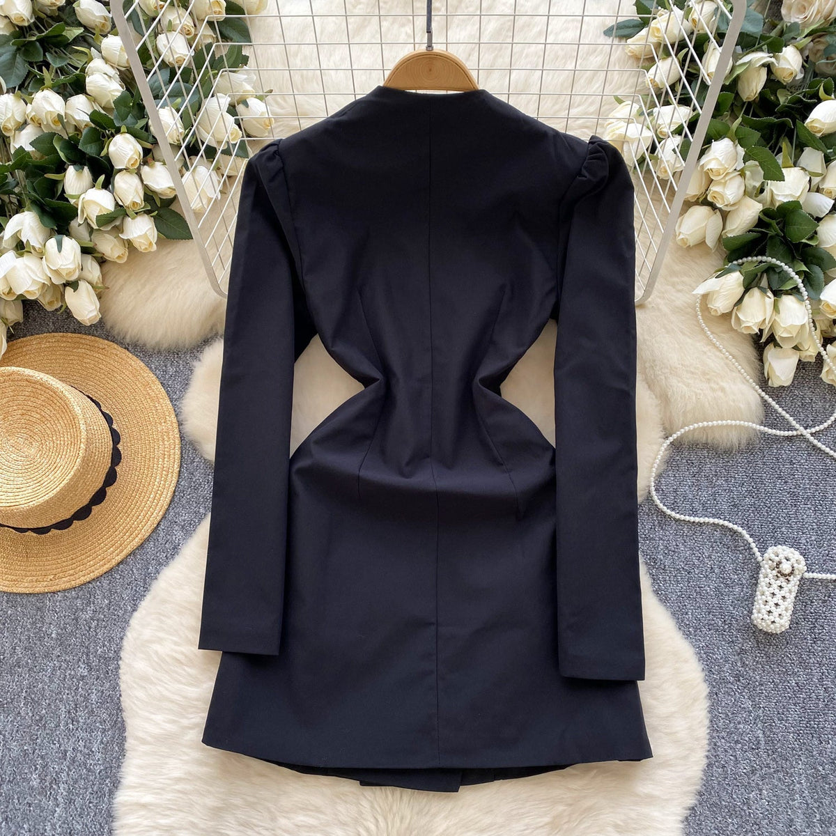 Elegant Double-breasted Black Suit Dress