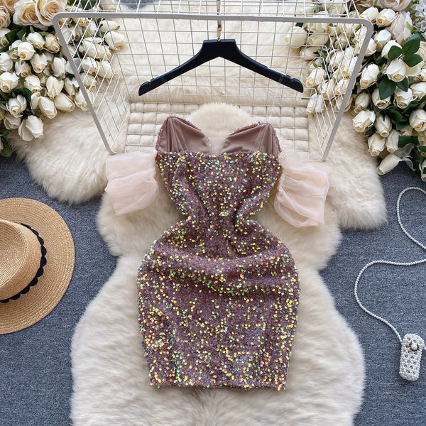 Off-shoulder Sequined Patchwork Party Dress