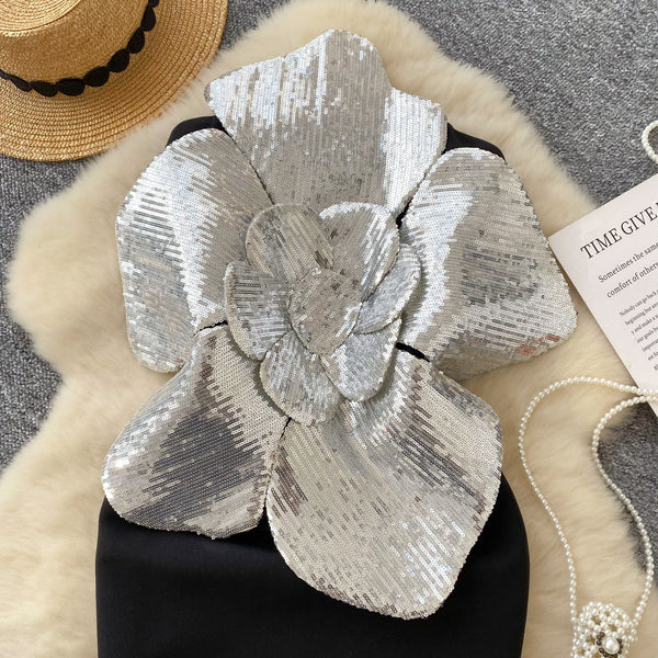 3D Sequined Flower Off-shoulder Dress