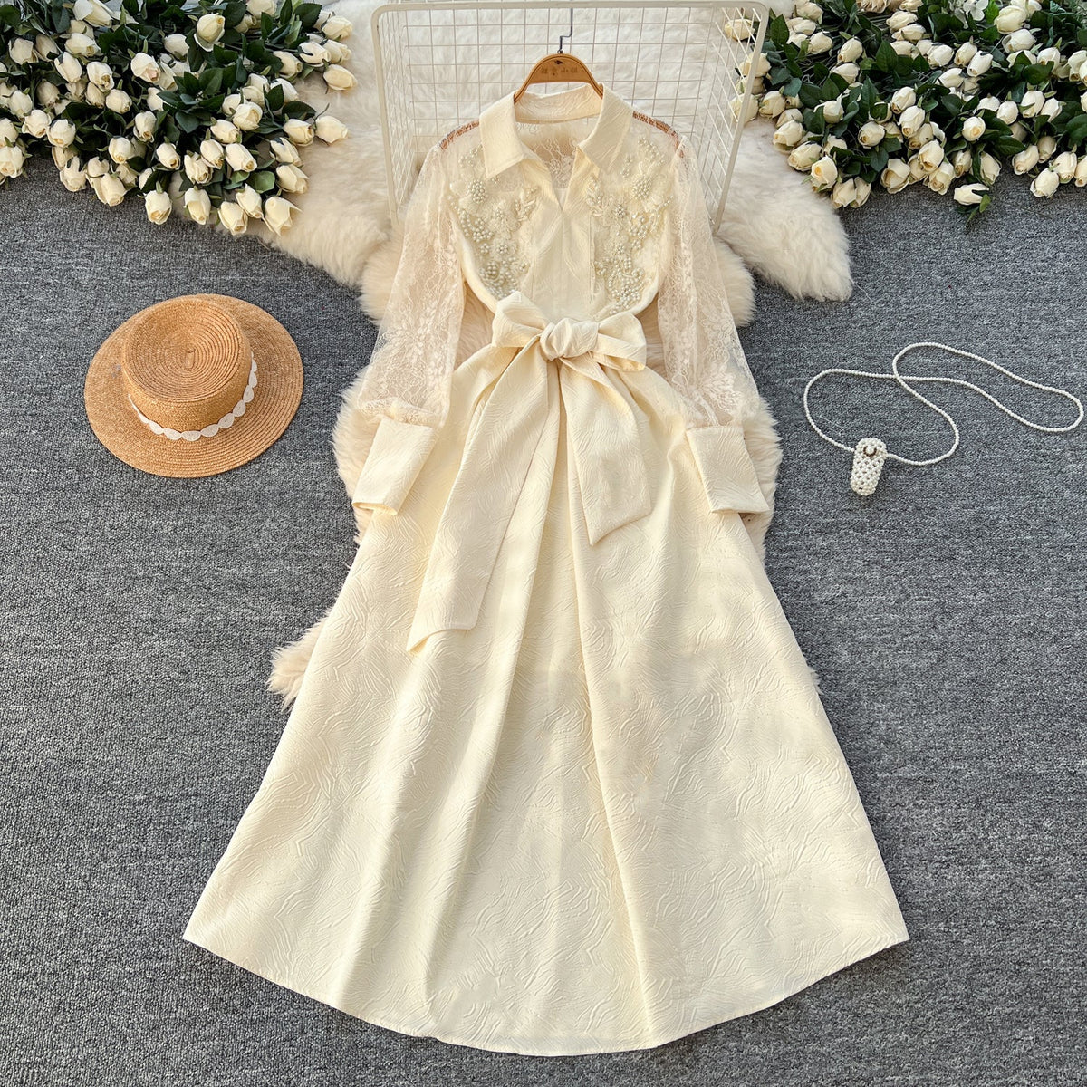 Vintage Polo Collar Embroidered Shirt Dress