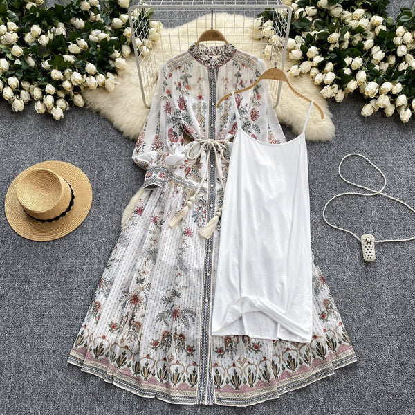 Vintage Stand Collar Floral Shirt Dress