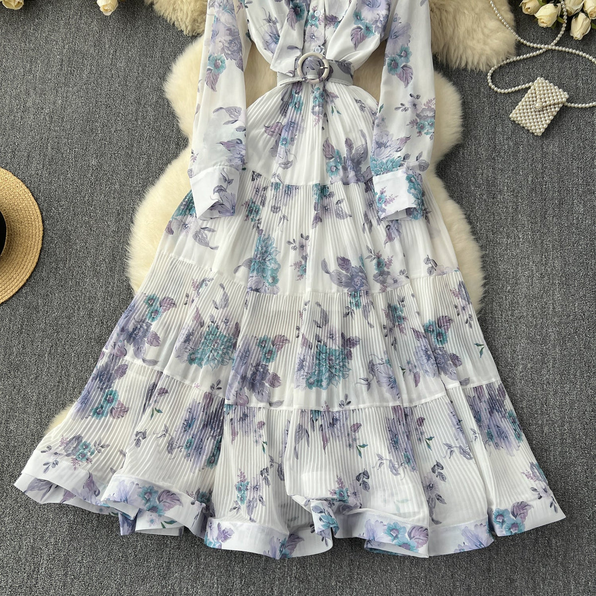 Elegant Pleated Floral Shirt Dress