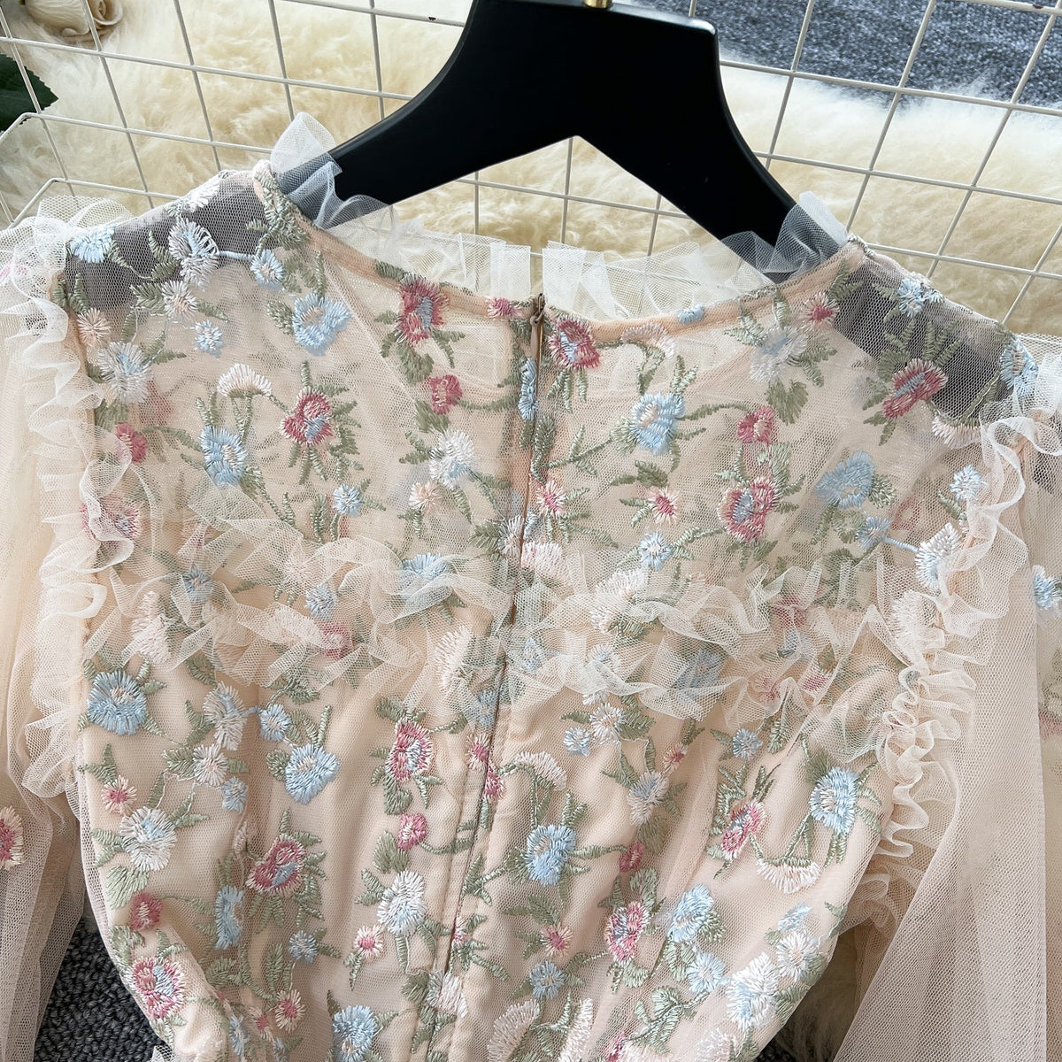 Fairy Floral Embroidered Puffy Mesh Dress