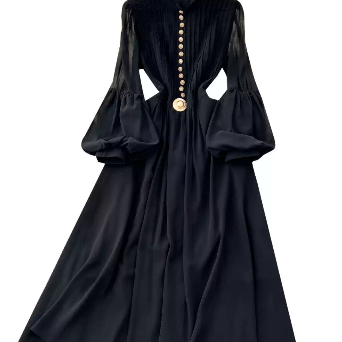 Elegant Metal Button Black Chiffon Dress