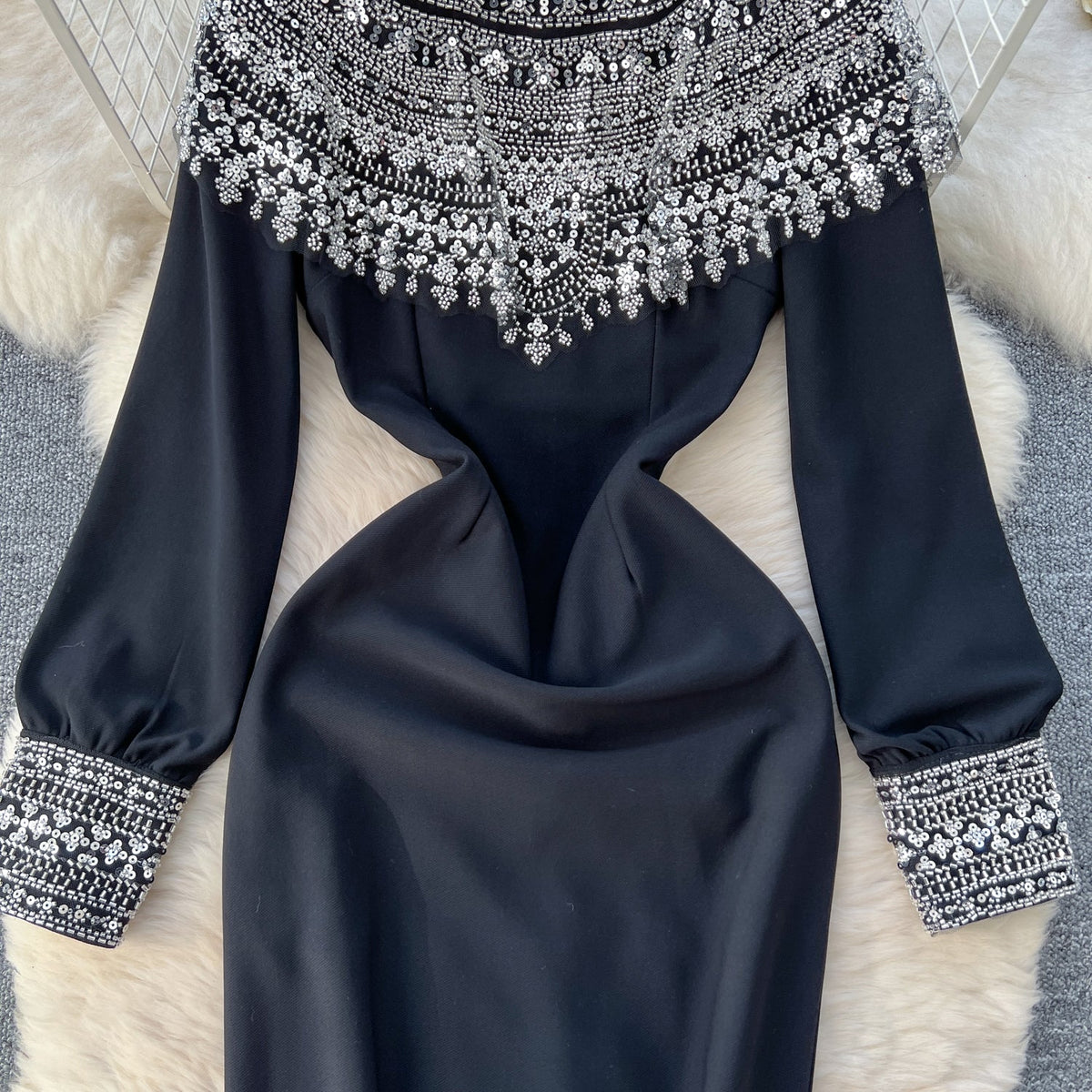 Embroidered Sequin Beaded Black Dress