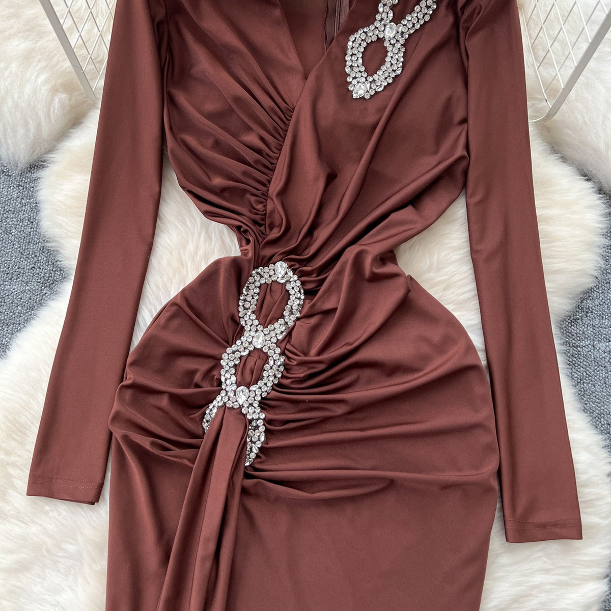Premium V-neck Rhinestone Studded Dress