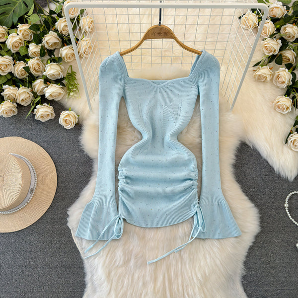 Square Neckline Beaded Knitted Dress