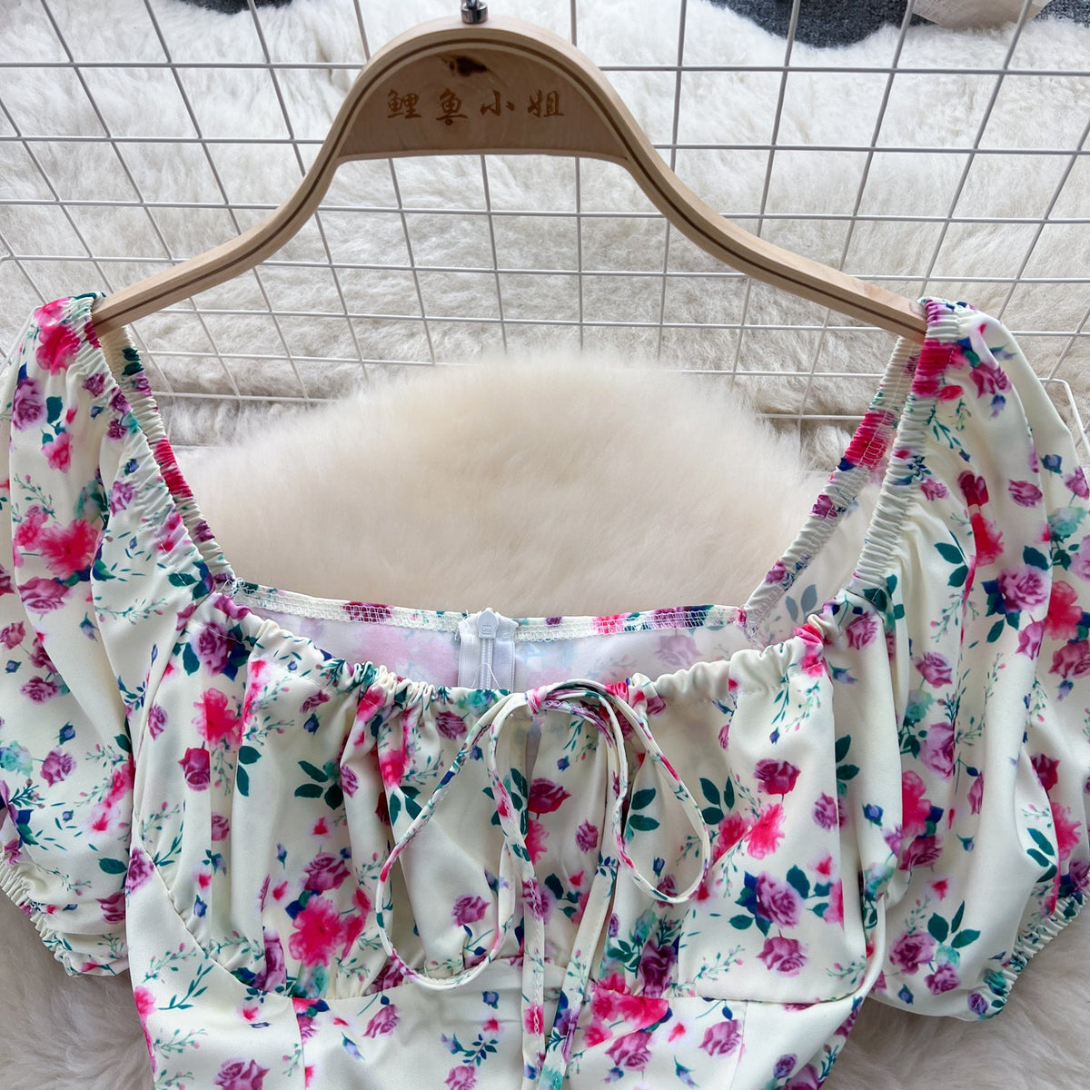 Ruffled Neckline Floral Split Dress