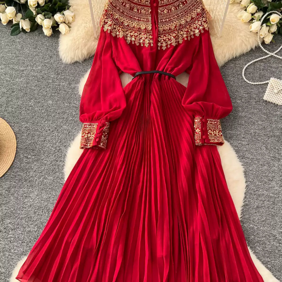 Premium Rhinestone Studded Pleated Dress