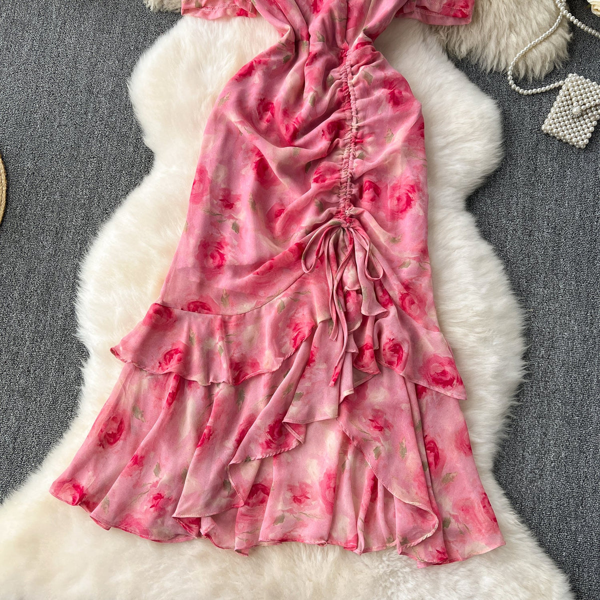 French Style V-neck Floral Fishtail Dress