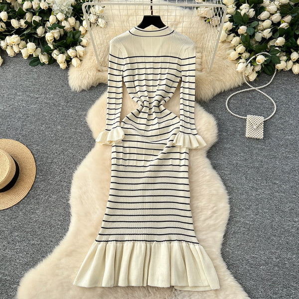 Vintage Striped Elastic Knit Dress