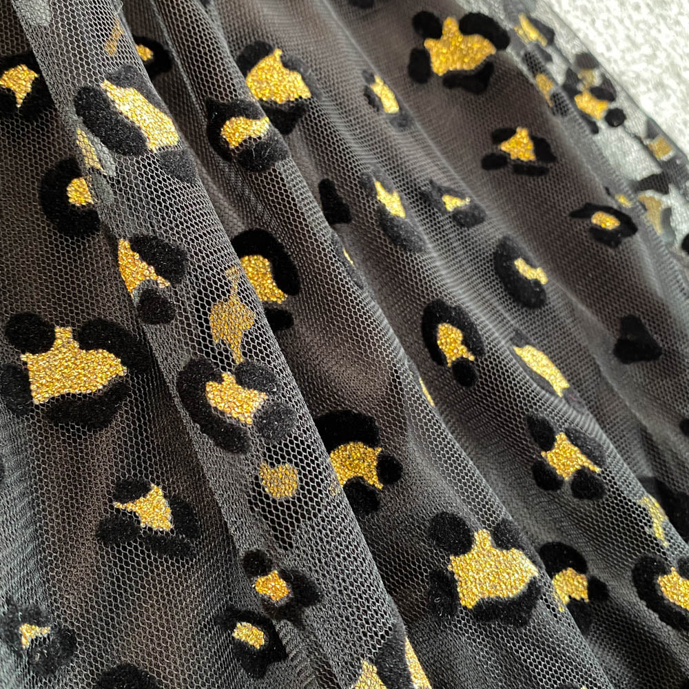 Leopard Printed Mesh Patchwork Black Dress