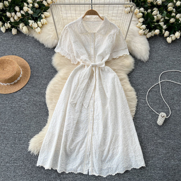 Vintage Polo Collar Embroidered Floral Dress
