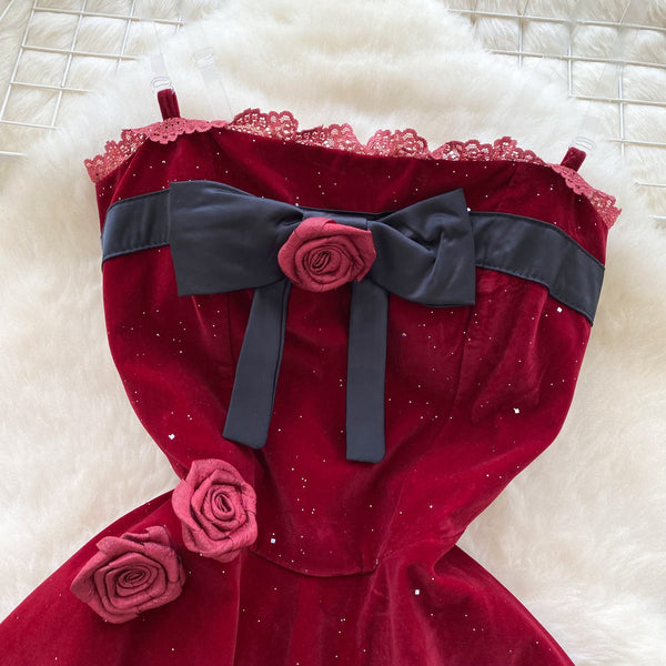 3D Rose Lace Patchwork Suede Dress