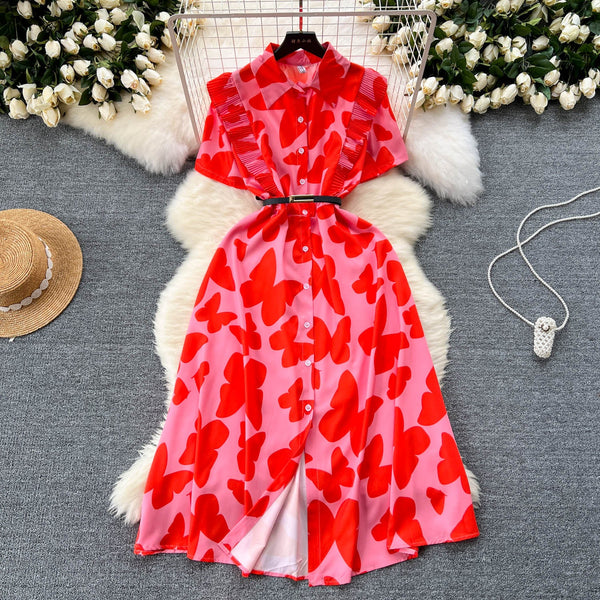 Niche Ruffled Printed Shirt Dress