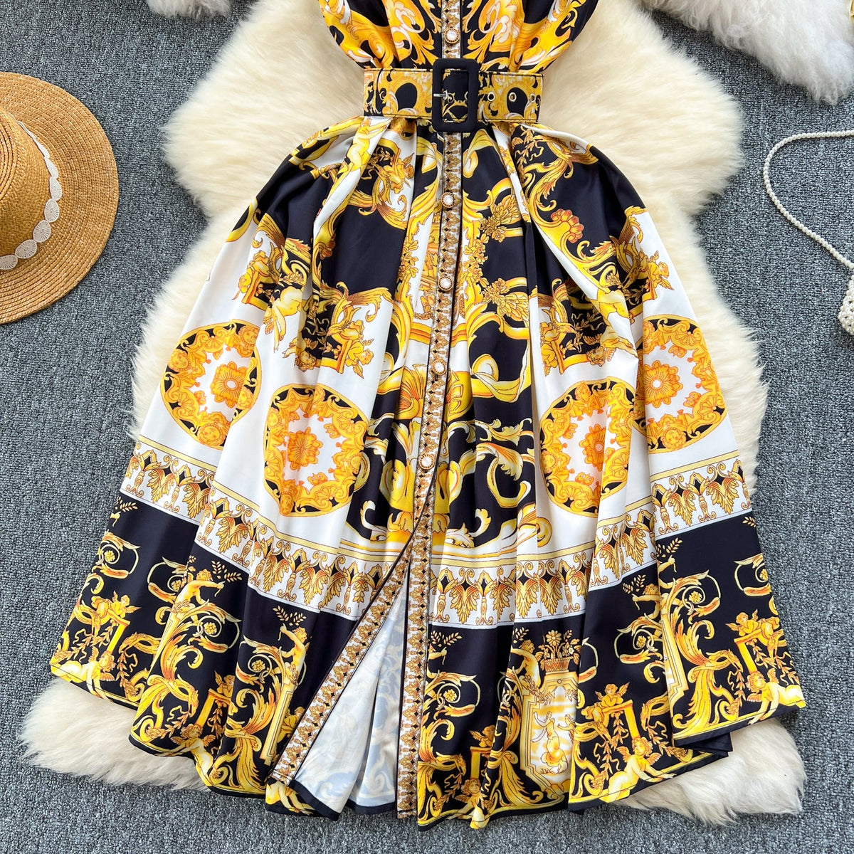 Courtly Sleeveless Lapeled Floral Dress