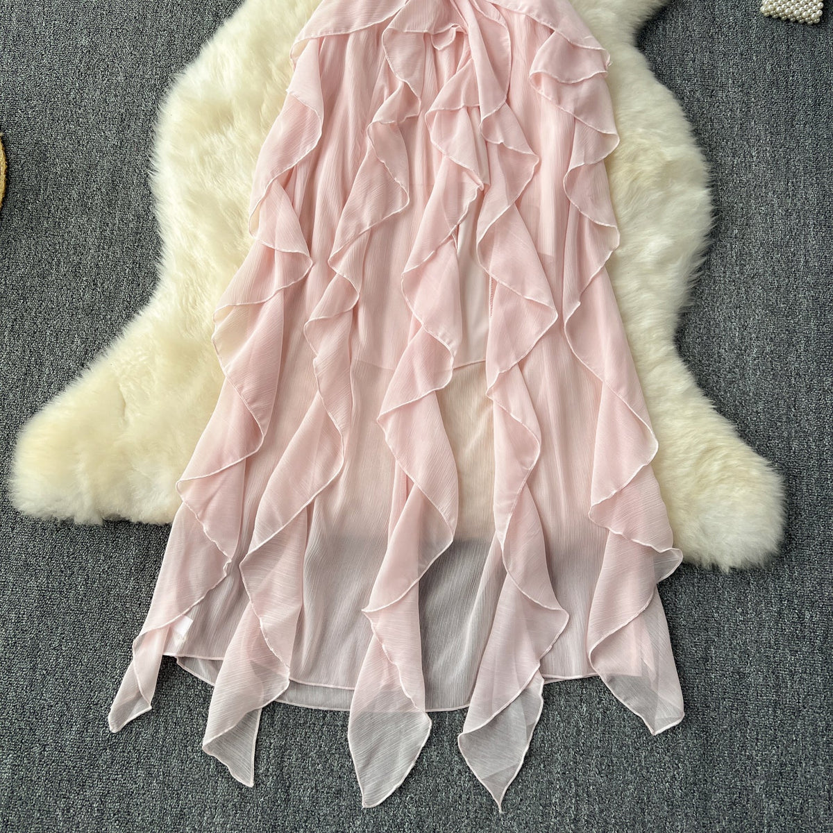Irregular Design Ruffled Pink Halter Dress