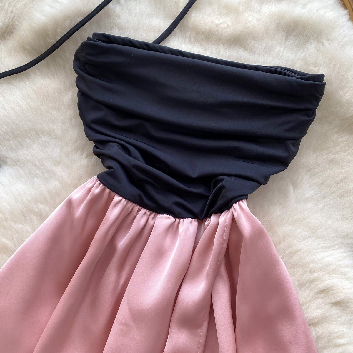 Black & Pink Satin Patchwork Split Dress