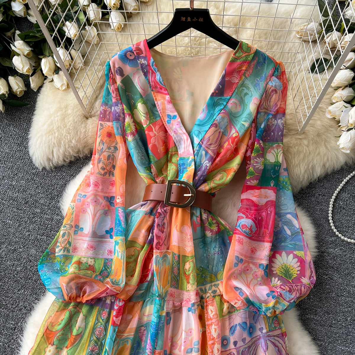 V-neck Colorful Printed Chiffon Dress