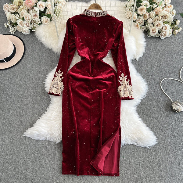 Lace Embroidered Velvet Cheongsam