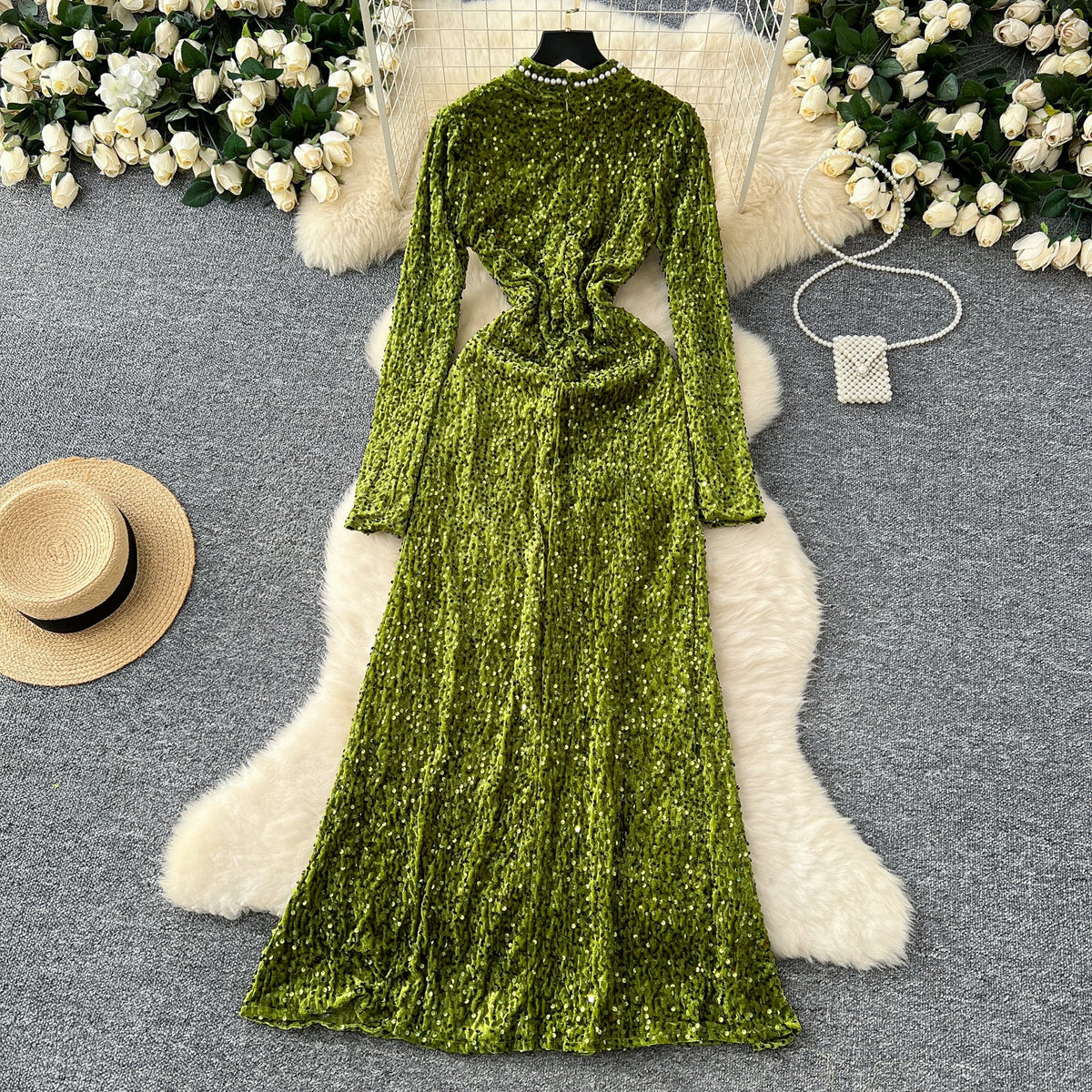 Beaded Collar Sequined Velvet Dress