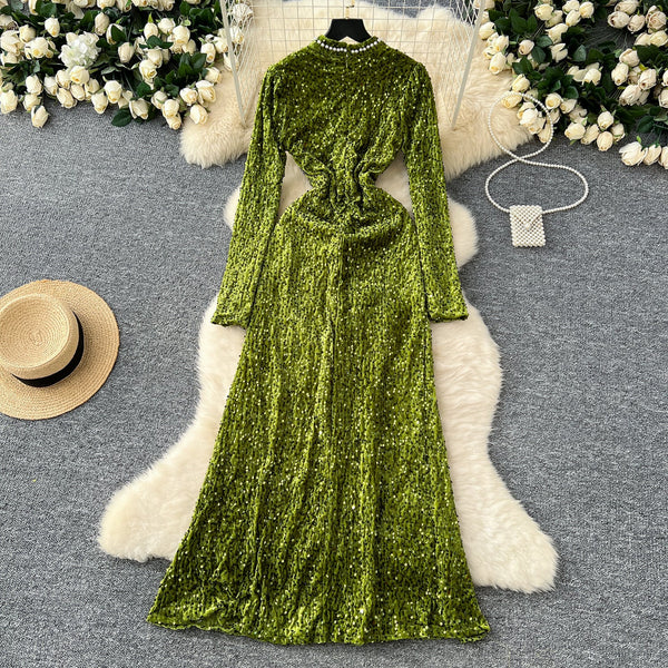 Beaded Collar Sequined Velvet Dress
