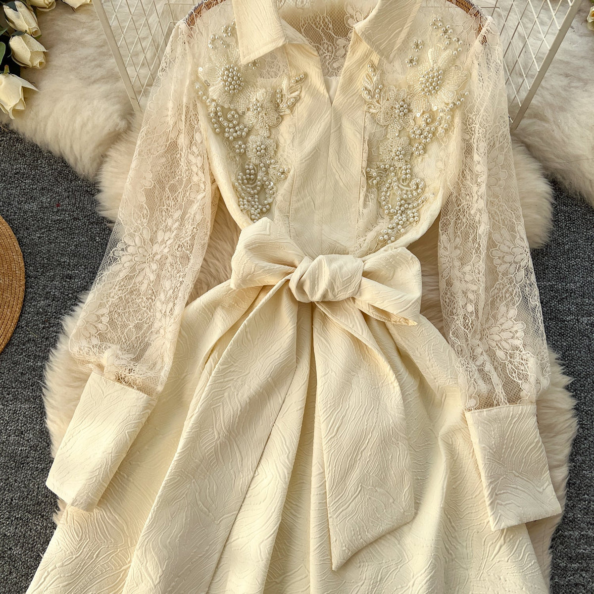 Vintage Polo Collar Embroidered Shirt Dress