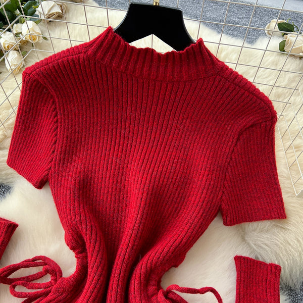 Christmas Red Lace-up Knitted Dress