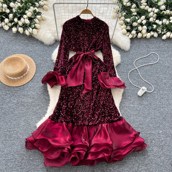 High-end Sequined Ruffled Hem Dress