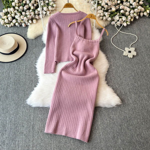 Cardigan&Lace-up Slip Dress Knitted 2Pcs