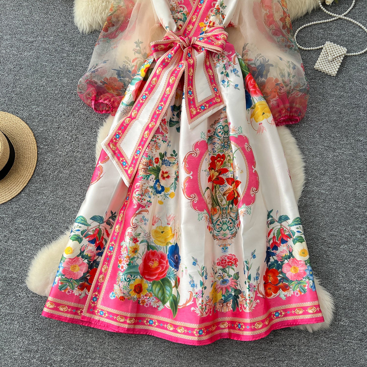 Courtly Lace-up Floral Printed Dress