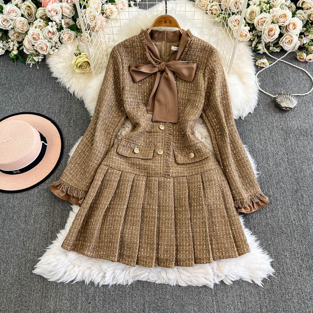 Faux Two-pieces Khaki Pleated Dress