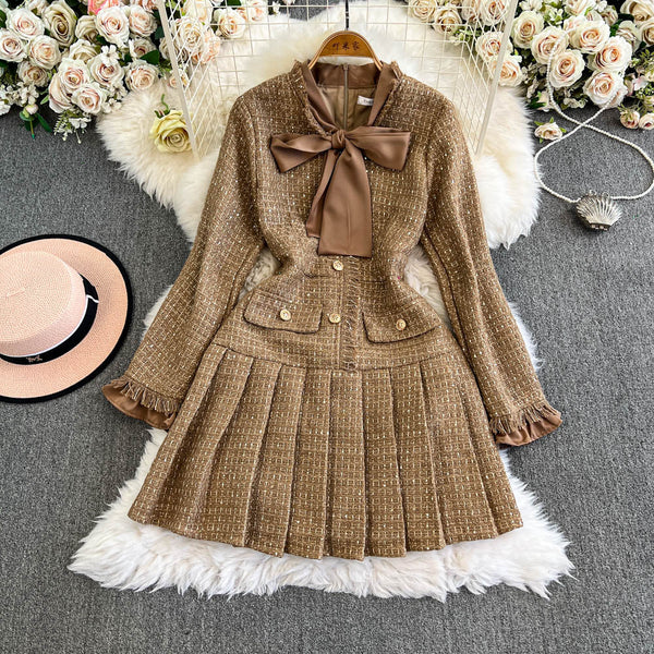 Faux Two-pieces Khaki Pleated Dress