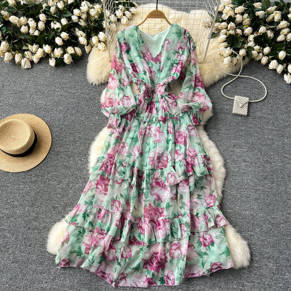 French Style V-neck Floral Chiffon Dress