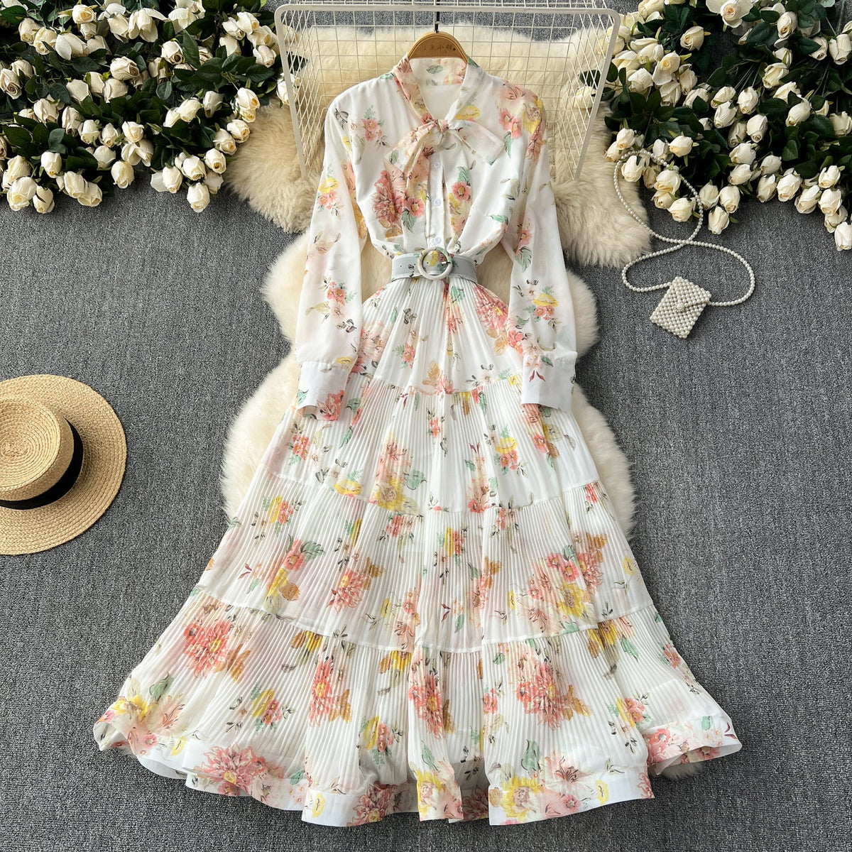 Elegant Pleated Floral Shirt Dress